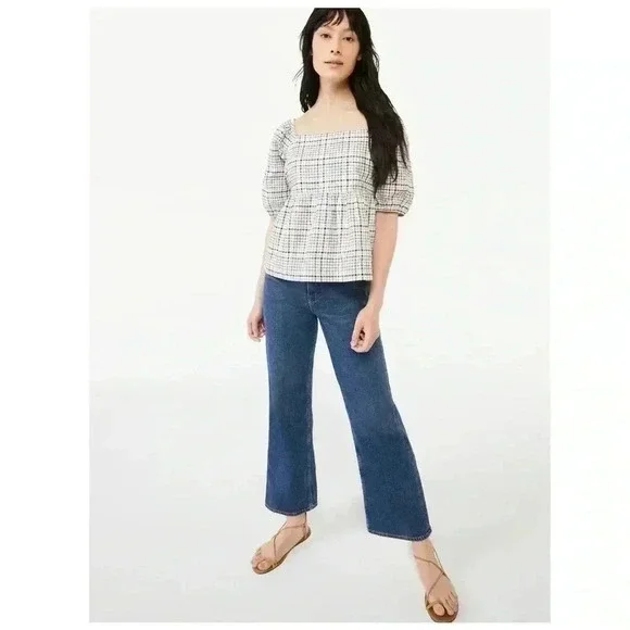 Free Assembly Size XS Ivory Plaid Organic Cotton Women's Puff Sleeve Blouse Top - Picture 3 of 15